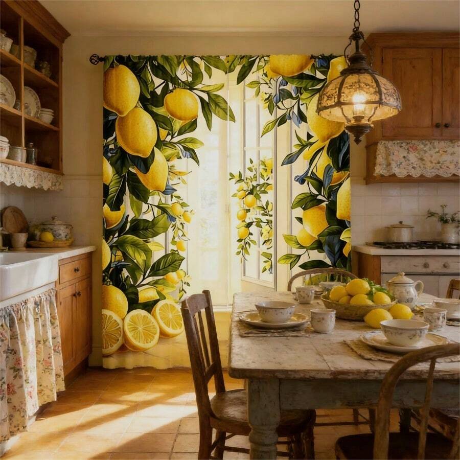 2pcs Vintage Lemon Print Curtain Set Features Yellow Lemon Berries And Blue-Green Leaf Patterns, A Rustic Mediterranean Style, Perfect For Summer Window Decorations In The Kitchen And Dining Room. - Multicolor - View 1