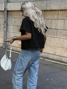 春夏休闲优雅假日黑色拉链宽松Polo衫蝙蝠袖飞行员夹克衬衫街头风Y2K女童校服套装，沙滩装T恤，母亲节节日运动套装 - 黑色 - 查看 6