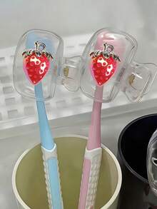2pcs Transparent Red & Green Strawberry Pattern Toothbrush Holder, Cute Design Portable Home & Travel Storage Box With Transparent Cover, Compact & Convenient, Protect Toothbrush Head, Dual-Hole Drainage & Ventilation, Suitable For Home, Dorm And Outdoor Use - Multicolor - View 13