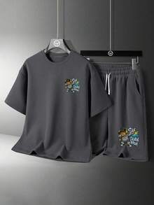 Tween Boy Cartoon Print Round Neck Short Sleeve T-Shirt And Shorts Set - Dark Grey - View 3