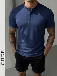 GRDR Men's Fashionable Solid Color Henley Neck Short Sleeve T-Shirt | Exquisite Design | Summer Essential | Easy To Match | Showcase Your Style - Navy Blue - View 4