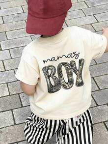 1件装幼儿男童创意卡通图案字母标语印花基本款圆领短袖T恤，休闲时尚男婴服装 - 杏色 - 查看 2