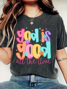 Comfortable Color Christian "God Is Good" Cropped Top - Short-Sleeve Faith T-Shirt With Letter Print, Religious Gift T-Shirt, Round-Neck Top For Church, Study, And Casual Wear Summer Pure Cotton - 深灰色 - 查看 1
