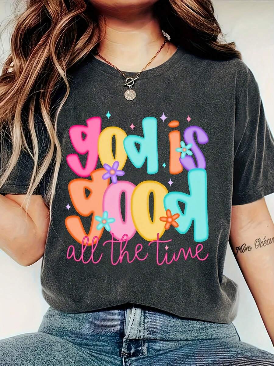 Comfortable Color Christian "God Is Good" Cropped Top - Short-Sleeve Faith T-Shirt With Letter Print, Religious Gift T-Shirt, Round-Neck Top For Church, Study, And Casual Wear Summer Pure Cotton - 深灰色 - 查看 1