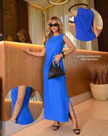 Elegant Women's Linen Dress With Wide Straps And Slit, Light Blue - Light Blue - View 2
