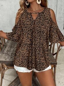Leopard Print Cold Shoulder Casual Shirt, Summer Vacation - Mocha Brown - View 3