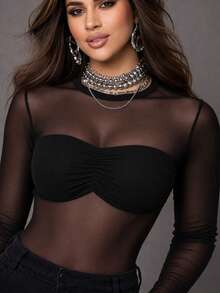 Women's Bodysuit With Transparent Tulle, Long Sleeves, Elegant Fashion - 黑色 - 查看 3