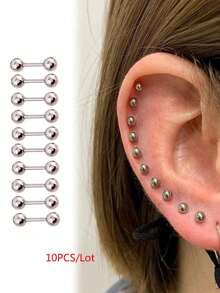 10 piezas de pendientes de barra recta y perla de acero inoxidable anodizado, para perforación de nariz, cartílago de la oreja, trago, joyería de perforación - Plateado - Ver 8