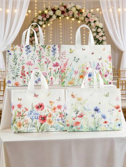 4pcs/Set Party Gift Bags, Waterproof Film With Handles - 4 Floral & Butterfly Patterns Gift Packaging Bags, Suitable For Non-Woven Tote Bags, Shopping Bags, Birthday, Christening, Wedding, Mother's Day, Anniversary And Other Occasions