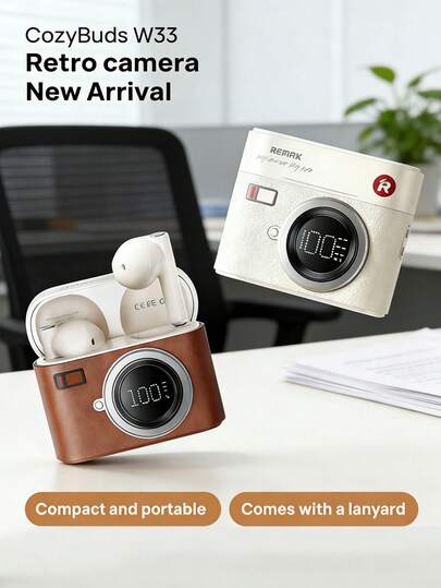 REMAX Wireless Bluetooth Headset With Digital Display, Camera-Style Design, Compact And Portable, Includes A Lanyard, Semi-In-Ear Design, Stereo Sound, Long Battery Life, Call Function, And Digital Display Screen.