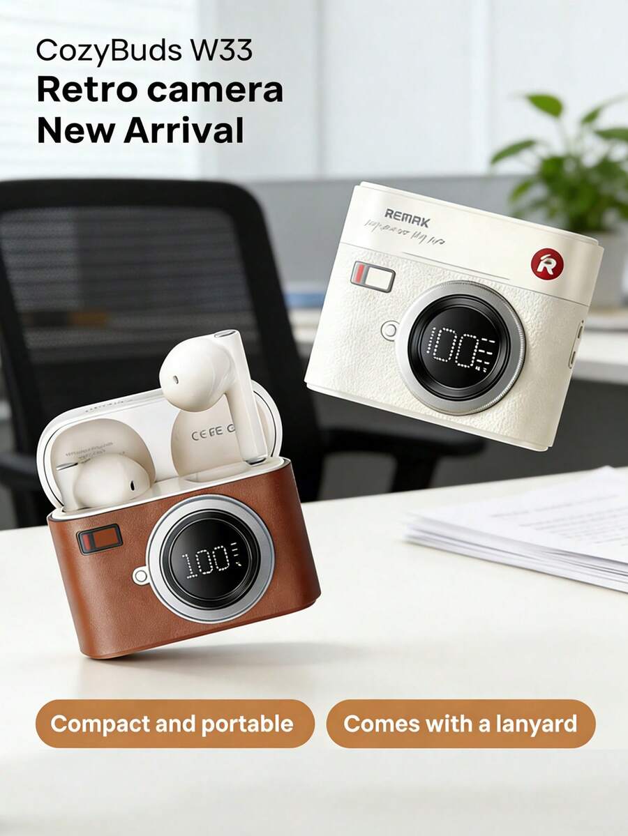 REMAX Wireless Bluetooth Headset With Digital Display, Camera-Style Design, Compact And Portable, Includes A Lanyard, Semi-In-Ear Design, Stereo Sound, Long Battery Life, Call Function, And Digital Display Screen. - View 1