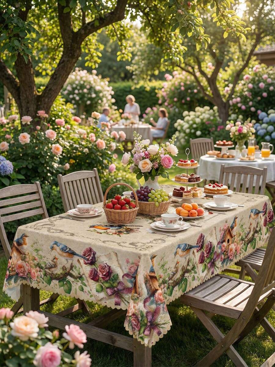 1 Pc Watercolor Bird Rose Flower Print Round & Rectangle White Tablecloth, Romantic Country Rustic Style Premium Polyester Waterproof Stain Resistant Oil-Proof Dust-Proof Washable Reusable Spring Summer Tablecloth For Home Decor, Kitchen Wedding, Wedding Table, Centrepiece Room Decor - Multicolor - View 1