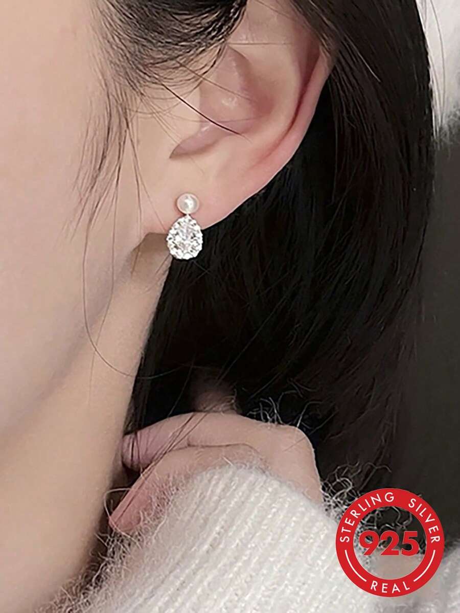 BALMORA 1 Đôi Phong Cách Đơn Giản S925 Bạc Ngọc Trai Mạ Vàng Bông Tai Đính Đá Zirconia Thanh Lịch, Tai Thiết Kế Cao Cấp Trang Sức