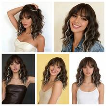 14" Brown Ombre Short Curly Bob Wig With Bangs For Women - Matte Heat-Resistant Fiber | Breathable Rose Net | Women Christmas Holiday Daily Wear - 挑染白色 - 查看 3