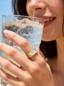 1 pieza Anillo minimalista de acero inoxidable con flor/rectángulo de nácar, adecuado para uso diario de mujeres, Día de la Madre, boda, vacaciones, viajes, Pascua - Dorado - Ver 2