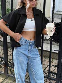 春夏休闲优雅假日黑色拉链宽松Polo衫蝙蝠袖飞行员夹克衬衫街头风Y2K女童校服套装，沙滩装T恤，母亲节节日运动套装 - 黑色 - 查看 1