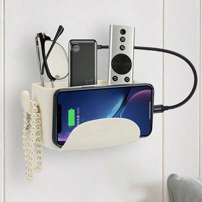 1 pièce Boîte de rangement murale multifonctionnelle - avec station de charge et support pour smartphone, gain de place pour la table de chevet, le bureau, le meuble TV - compatible avec les smartphones, tablettes, télécommandes, clés, lunettes - organisateur en plastique, crochets pratiques, rangement mural, support mural pour téléphone, support mural pour smartphone, organisateur mural pour téléphone, organisateur mural de chevet