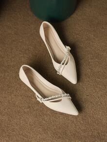 Women's Flat Slip-On Shoes, New Fashion Outdoor Flat Shoes With Inner Height Increase, Pointed Toe, Pearl & Rhinestone Decor, Ballerina Shoes, Solid Color, Soft Bottom, Soft Leather Loafers, French Style Shoes, Versatile Low-Cut Slip-On Loafers, Gentle Flat Shoes - Apricot - View 4