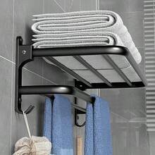 Porte-serviettes perforé, étagère de salle de bain en aluminium noir, porte-serviettes pliable, crochets, organisateur de rangement de salle de bain Accessoires matériels - Multicolore - Voir 2