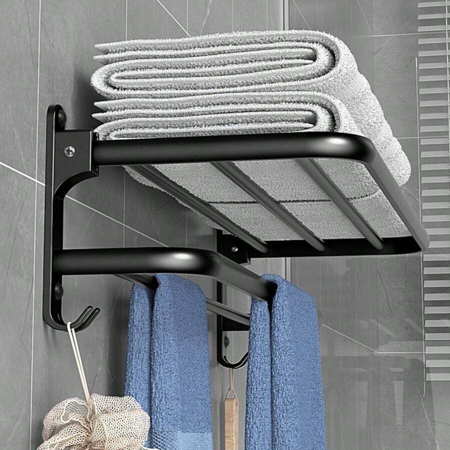 Porte-serviettes perforé, étagère de salle de bain en aluminium noir, porte-serviettes pliable, crochets, organisateur de rangement de salle de bain Accessoires matériels