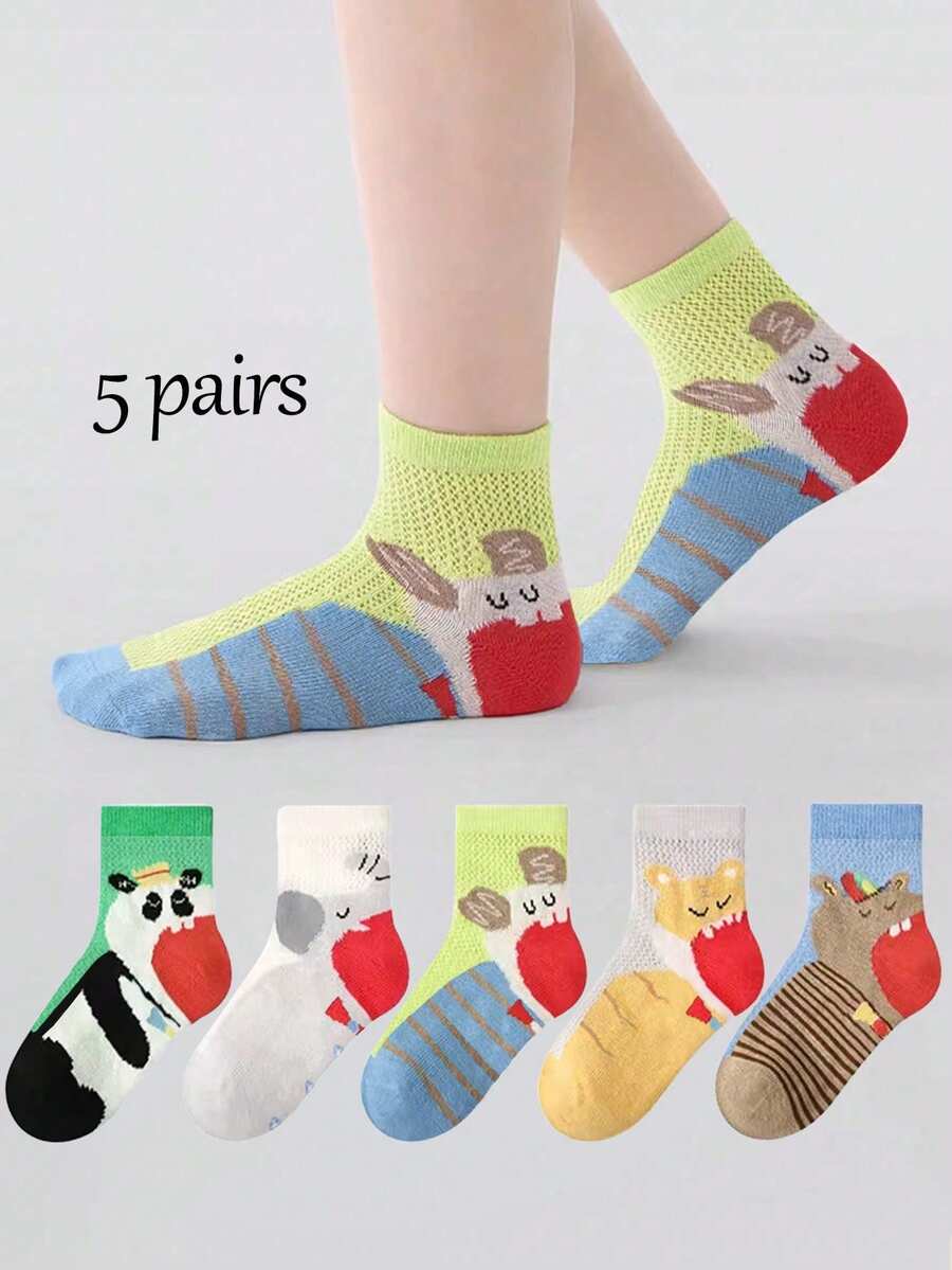 5 Pairs Spring/Summer Cartoon Animal Print Breathable Mesh Kids Socks, Suitable For 2-16 Years Old Girls And Boys - Multicolor - View 1
