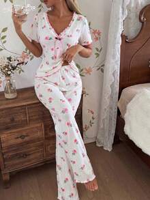 女士性感提花印花睡衣套装，蕾丝V领短袖上衣+松紧腰阔腿裤，饰有蝴蝶结，柔软透气家居服，甜美氛围两件套 - 白色 - 查看 5