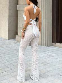 Women's Deep V-Neck Lace Jumpsuit, Sexy White Summer Elegant - White - View 2