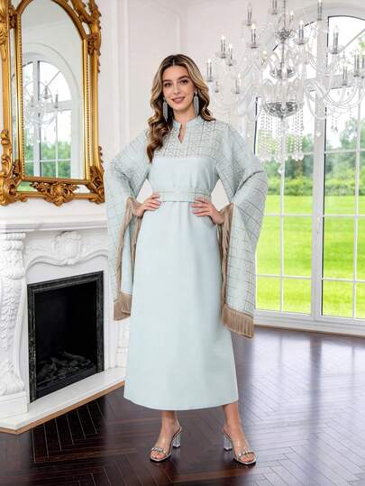 2026 New Elegant Light Green Dress With Embroidered Gold Sequins, JALABIA V-Neck Dress With Waist Belt And Tassel Trim, Soft And Graceful Ramadan Atmosphere, 2026 New Style Ramadan Traditional, 2026 Latest Design New Year Robe, Eid Al-Fitr Graceful Ladies Dress, Ramadan Clothing, Holiday Outfit, Exotic Style Apparel