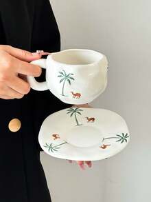 1pc Camel & Palm Tree Ceramic Cup & Saucer Set, Minimalist Embossed Handmade Porcelain Coffee Mug & Plate, Creative Ins-Style Household Mug, Paired With Dessert Plate, Ceramic - Suitable For Various Coffee & Tea, Ideal Gift For Women/Men Birthday - Multicolor - View 16