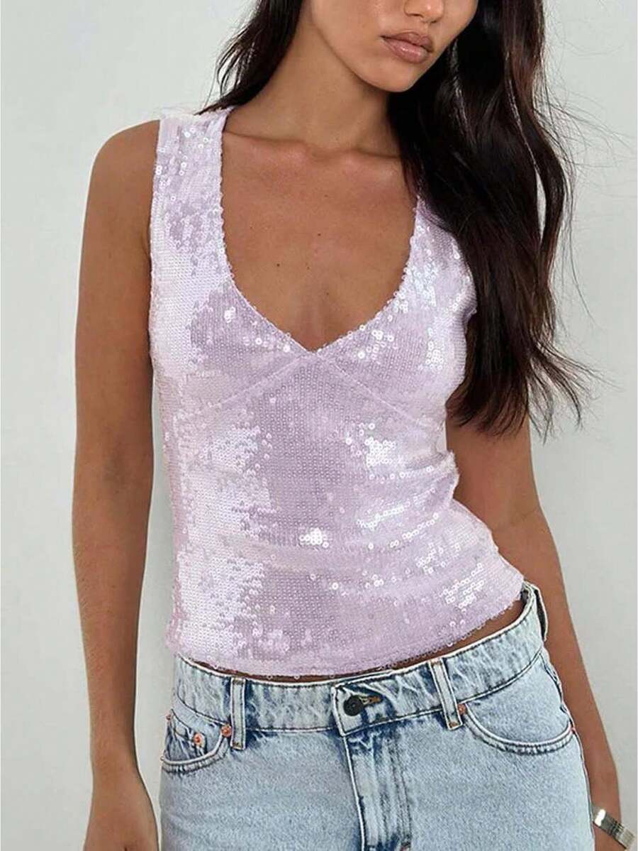 Women Tank Tops Sequins V-Neck Casual Vests Summer Fashion Sleeveless T-Shirts Streetwear - Morado - Ver 1