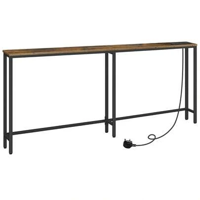 Slim Console Table With Charging Station, 180 Cm Long Hallway Table With USB Ports, Behind Sofa Table Narrow For Hallway, Entryway, Foyer, Living Room, Rustic Brown And Black