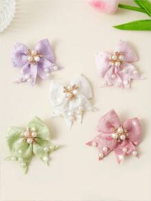 8 piezas Clips para el cabello con lazo de satén jacquard francés aleatorio, decorados con perlas y rhinestones, estilo dulce para niña, aseguran el cabello rebelde, adecuados para ir al trabajo, citas, viajes y cumpleaños - Multicolor - Ver 7