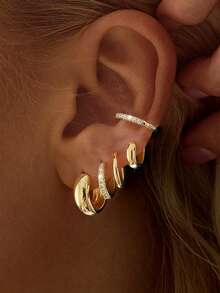 5pcs/Set Women's Gold Hoop Earrings Set, Copper With Zirconia Stone, Hypoallergenic, Petite Sleek Design, Lightweight & Thick, Fashion Versatile, Suitable For Multiple Piercings, Great For Beach, Date, Party, Holiday, Birthday Gift, Daily Wear - Yellow Gold - View 10