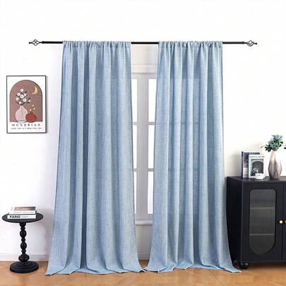 1 tấm rèm cửa kiểu Nhật bằng vải lanh, chất liệu vải lanh, giúp làm dịu ánh sáng ngoài trời, hơi trong suốt, kiểu may túi luồn thanh treo rèm.