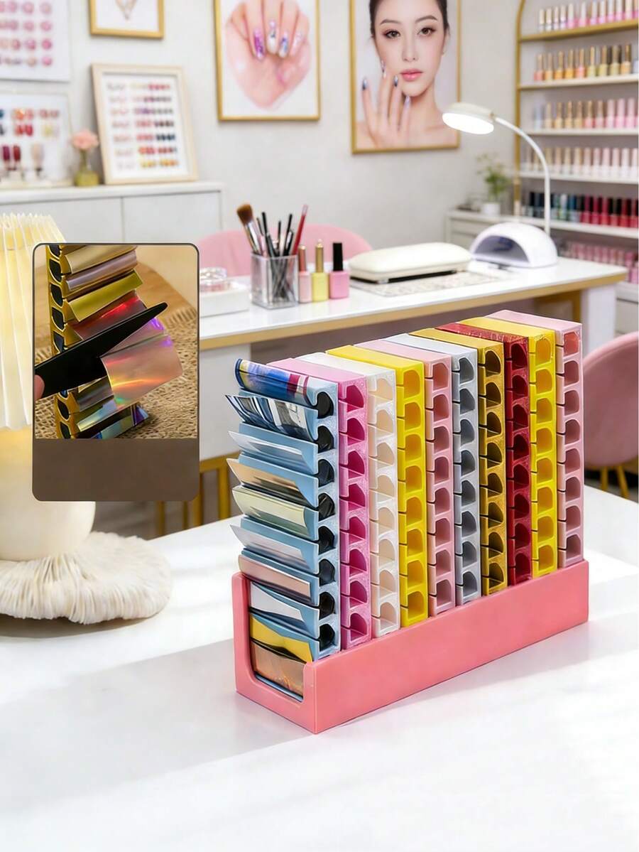 1pc Multi-Compartment Acrylic Nail Stamping Plate Storage Box, Desktop Nail Sticker Organizer Rack, Portable Nail Foil Roll Storage Box, Nail Polish Color Card Display Stand - Multicolor - View 1