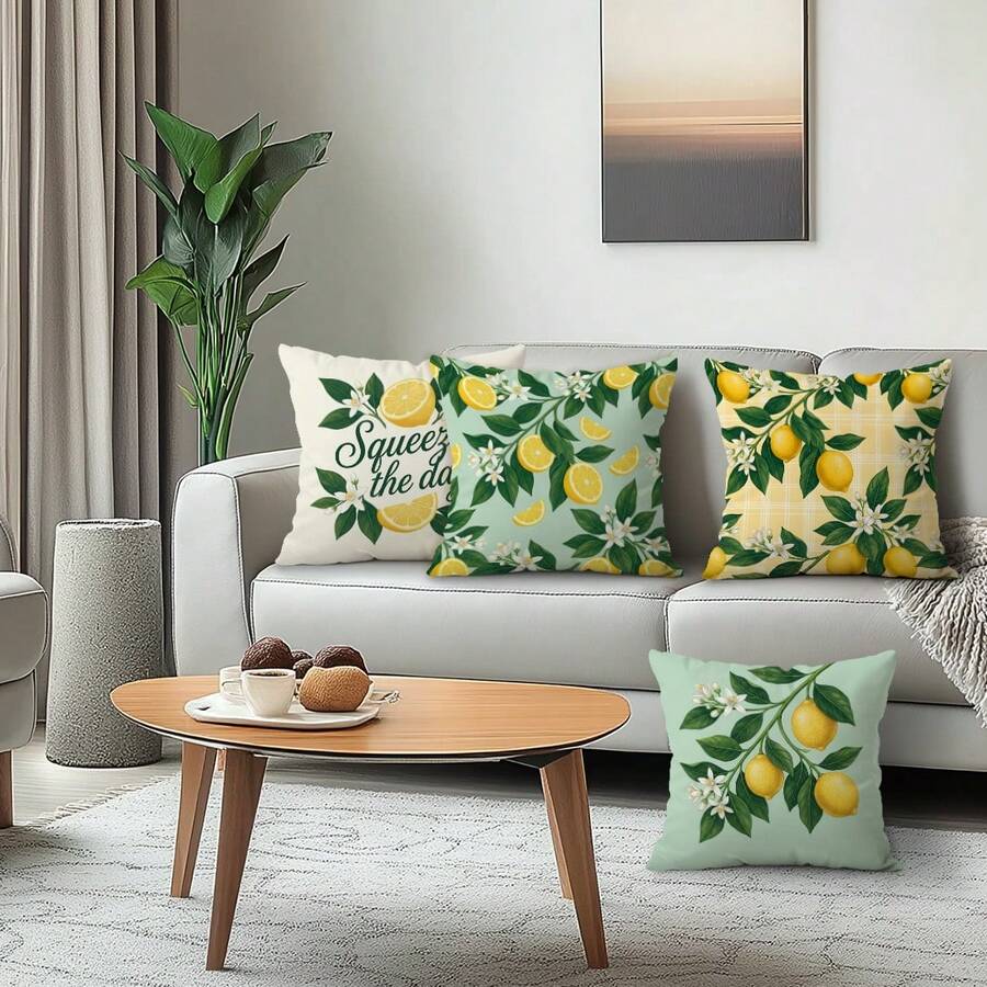 Bộ 4 vỏ gối trang trí in một mặt chủ đề chanh và màu đào, chất liệu nhung 100% polyester, thích hợp trang trí phòng khách, sofa và phòng ngủ, không kèm ruột gối, kích thước 40x40cm/45x45cm/50x50cm. - Nhiều màu 01 - Xem 1