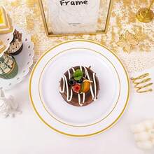 5/10/20/25/50pcs Premium Gold Rimmed Plastic Plates - Modern Minimalist Solid Color Gold Rim Round Plates, 7.5 Inch And 10.25 Inch Sizes, Suitable For Wedding Desserts, Appetizers, Parties, Banquets And Restaurants - White - View 5