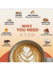 RYZE SUPERFOODS Mushroom Coffee USDA Organic With 6 Adaptogenic Mushrooms And MCT Oil, USA Grown Instant Coffee For Better Energy, Focus, Digestion, Immunity With Cordyceps, Lion's Mane, Turkey Tail, 30 Servings - Sáu món - Xem 3