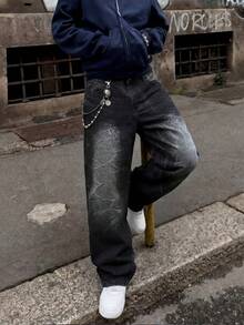 Jeans droits larges à jambe droite avec lavage délavé noir, texture craquelée brodée unique, look vintage usé artistique, pantalon décontracté américain - Noir - Voir 4