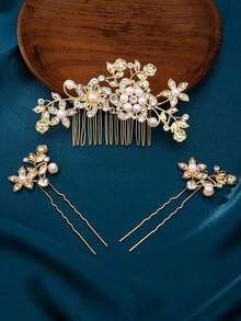 1 Set (3pcs) Gold Color Princess Hair Combs & Bun Accessories, Fashion Elegant Faux Pearl & Plum Blossom Design, For Brides Valentine's Day Accessories,Wedding Hair Accessories - 金子 - 查看 6