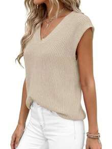 Women's Knit Sweaters Vest Lightweight Spring Cap Sleeve V Neck Tank Tops Summer Going Out Outfits - Apricot - View 6
