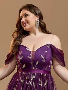 Vestidos largos de noche elegantes para mujer talla grande con estampado floral en todo el diseño, cintura de malla romántica, aplicaciones, hombros descubiertos, lentejuelas, para eventos formales, fiestas, bodas, primavera - Morado - Ver 9