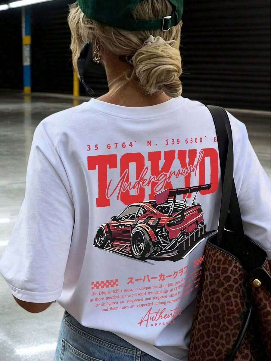 1pscCamiseta de manga corta con cuello redondo, de estilo minimalista y de moda, con estampado divertido de coche de carreras, versátil y adecuada para mujer, color blanco100% Cotton - Blanco - Ver 1