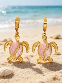 18K Gold Plated Enamel Sea Turtle Drop Earrings, Bohemian Style Gold Summer Beach Vacation Accessories, Stainless Steel Waterproof Beach Earrings (Multiple Enamel Colors Available) - Gold - View 7