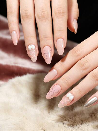 24pcs Ballet Style Bowknot Nail Tips, Almond Shaped Nude Champagne Gold Design Press-On Nails (Includes 1pc Jelly Gel And Nail File)