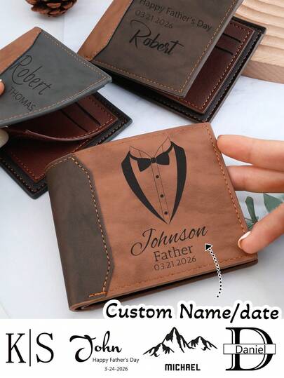 Ví da khắc tên theo yêu cầu, Ví da nam gập đôi cá nhân hóa với thiết kế kiểu Tuxedo cổ điển, Quà tặng kỷ niệm khắc ngày tháng theo yêu cầu cho Ngày của Cha, Ví khắc tên theo yêu cầu dành cho bố, chồng, quà kỷ niệm, Quà tặng thanh lịch dùng hàng ngày cho sinh nhật và các dịp đặc biệt.