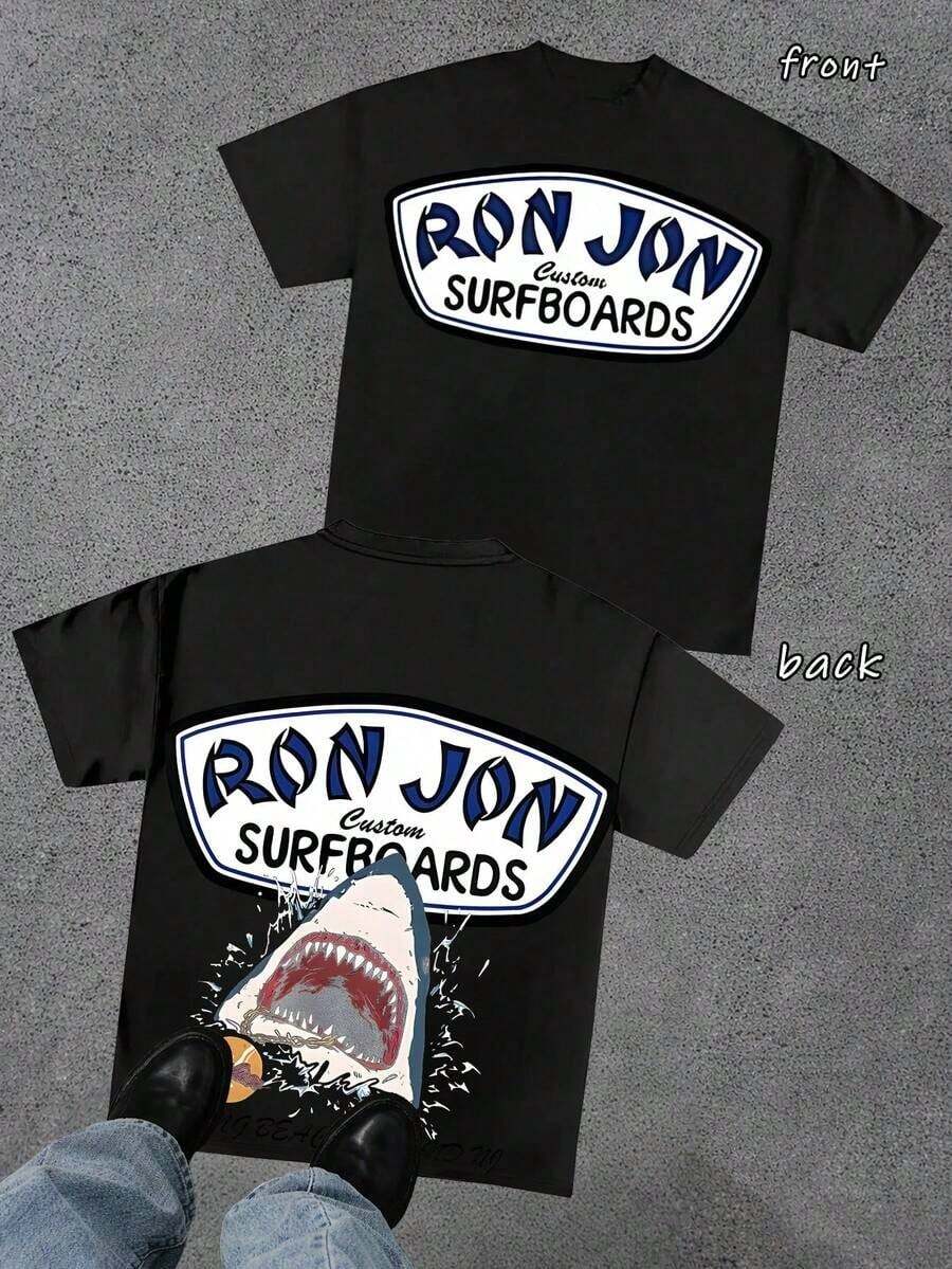T-shirt homme imprimé plage, motif requin et surf sur les deux faces, printemps-été, 100 % coton, col rond, doux, idéal pour la plage et au quotidien, cadeau pour la fête des pères, une remise de diplôme ou des vacances. - Noir - Voir 1