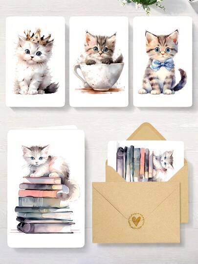 4pcs Cute Cat Birthday Greeting Cards With Envelopes, Watercolor Kitten Assorted Designs For All Occasions, Blank Inside