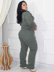 Plus Size Set: Long-Sleeved Blouse And High-Waisted Wide-Leg Pants With Pockets, In Premium Ribbed Knit - Elegant Women's Sweater, Comfortable For Winter, Cold Weather, Everyday Wear, Sizes GG, G1, G2, Cotton, Heather Green. - 綠色 - 查看 2