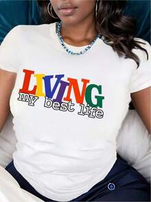 Living My Best Life Camiseta Gráfica Colorida para Mujer - Cuello Redondo Casual, Manga Corta, Transpirable - Lavable aáquina, Tela Suave y Cómoda UUQY - Blanco - Ver 2